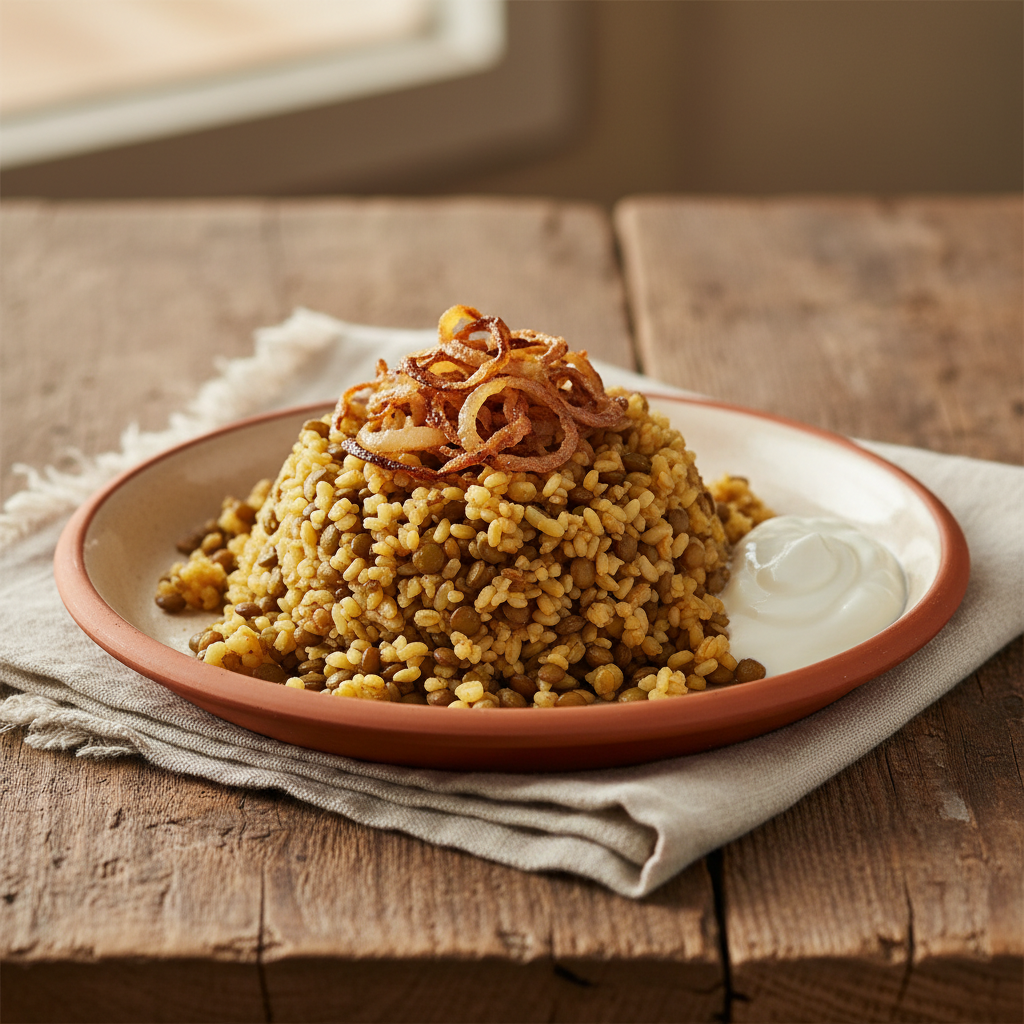 Ảnh món Bulgur đậu lăng hành phi Mujaddara