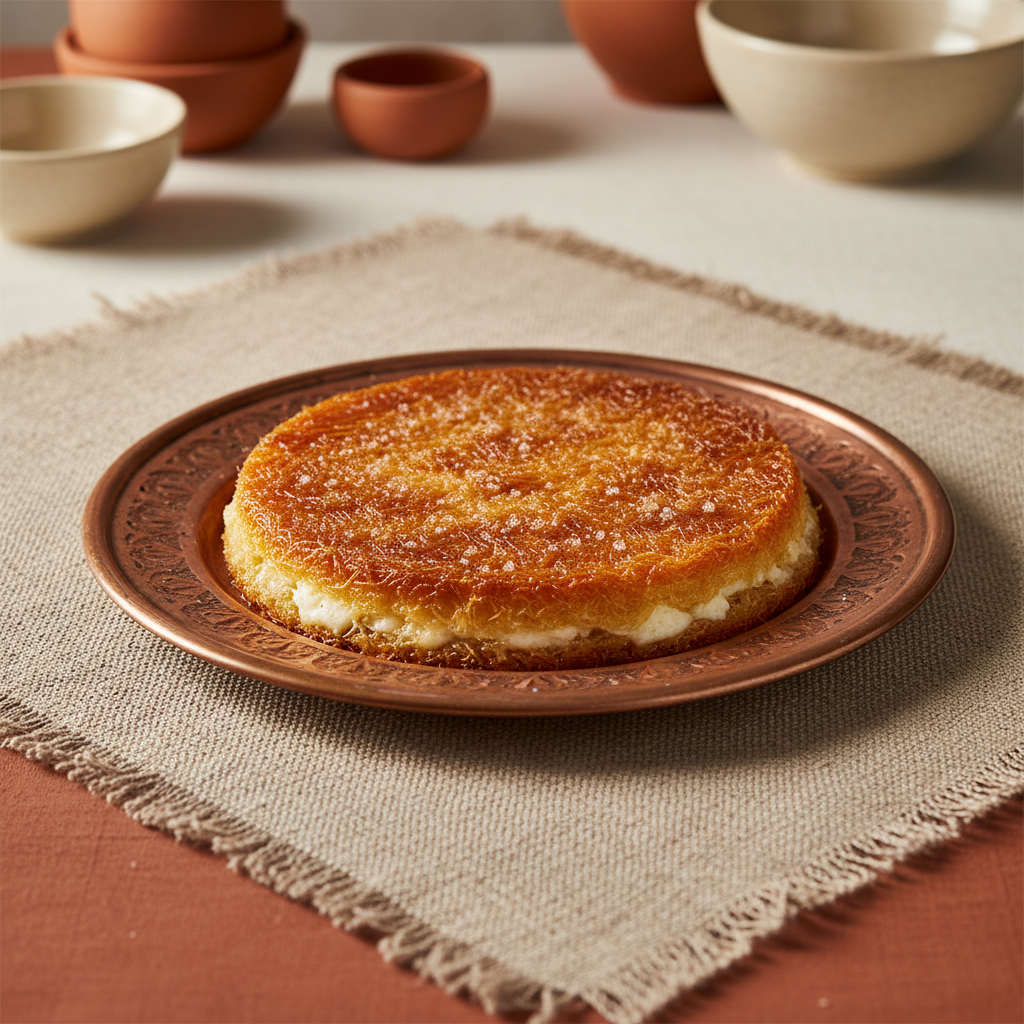 Ảnh món Knafeh Nablus khay lớn phủ vụn sợi