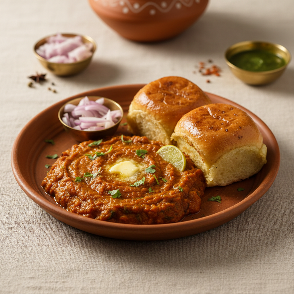 Ảnh món Pav bhaji — rau củ nghiền ăn kèm bánh mì bơ