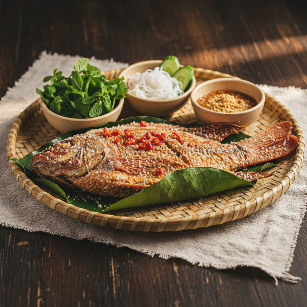 Ảnh món Cá nướng muối cuốn lá Miang pla pao