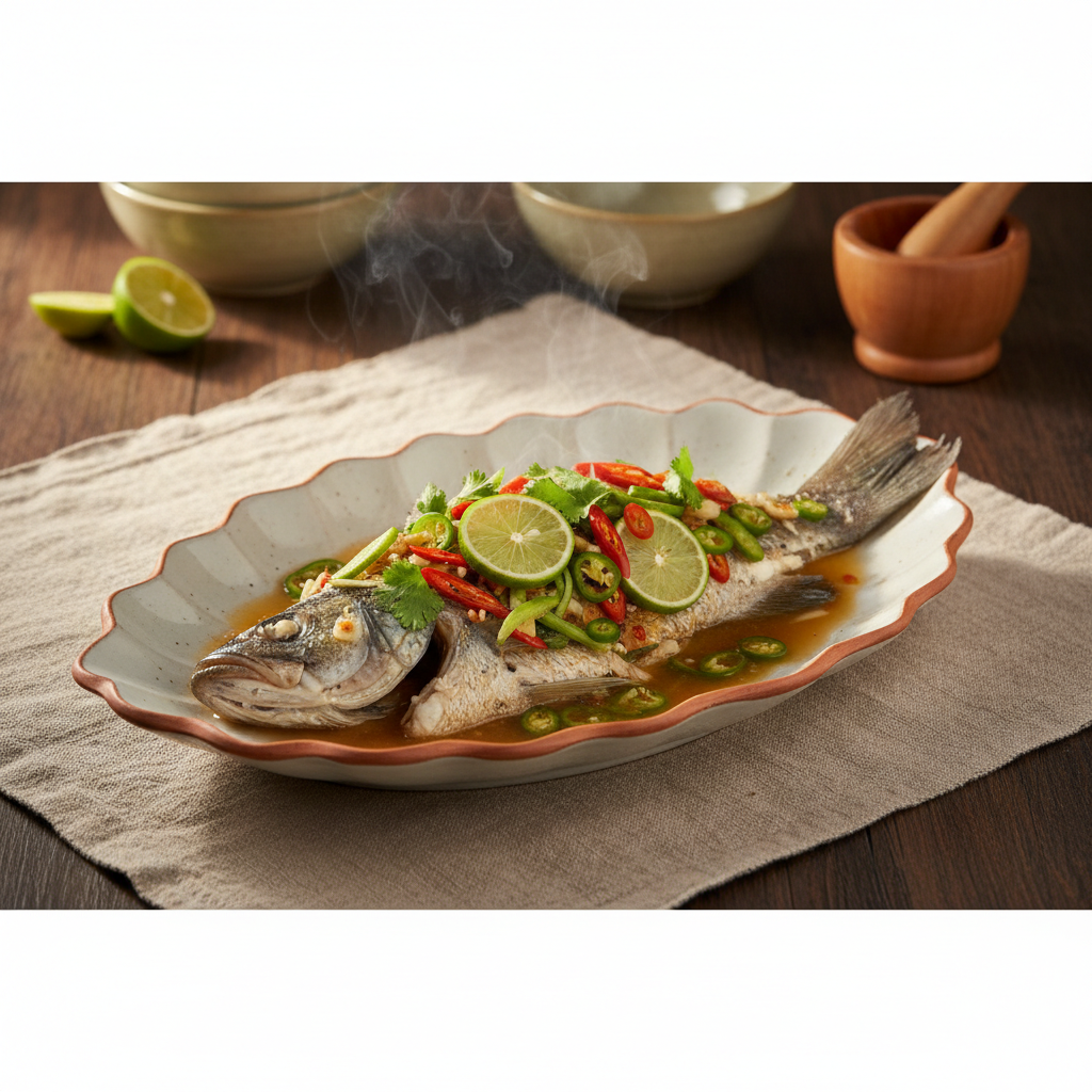 Ảnh món Cá chẽm hấp chanh ớt Pla kapong neung manao
