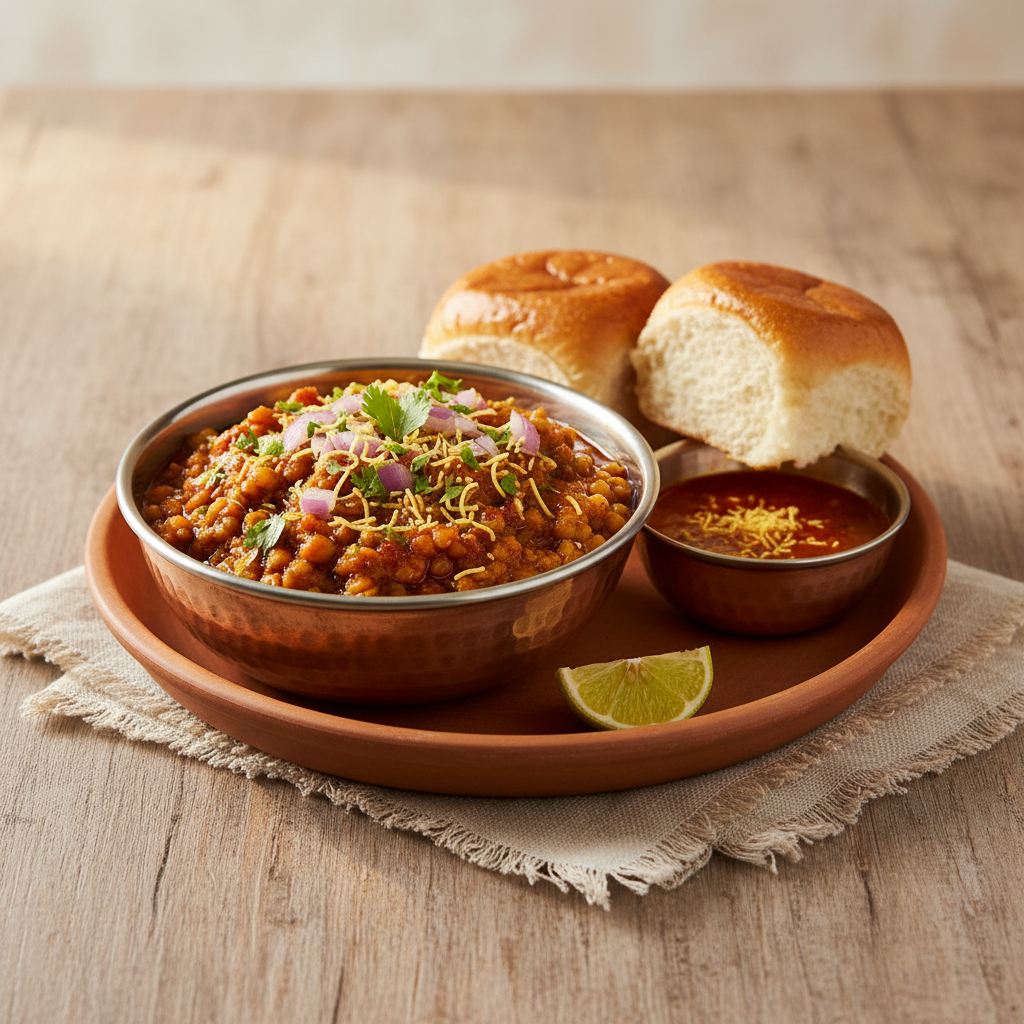 Ảnh món Misal pav — đậu nảy mầm cay ăn kèm bánh mì