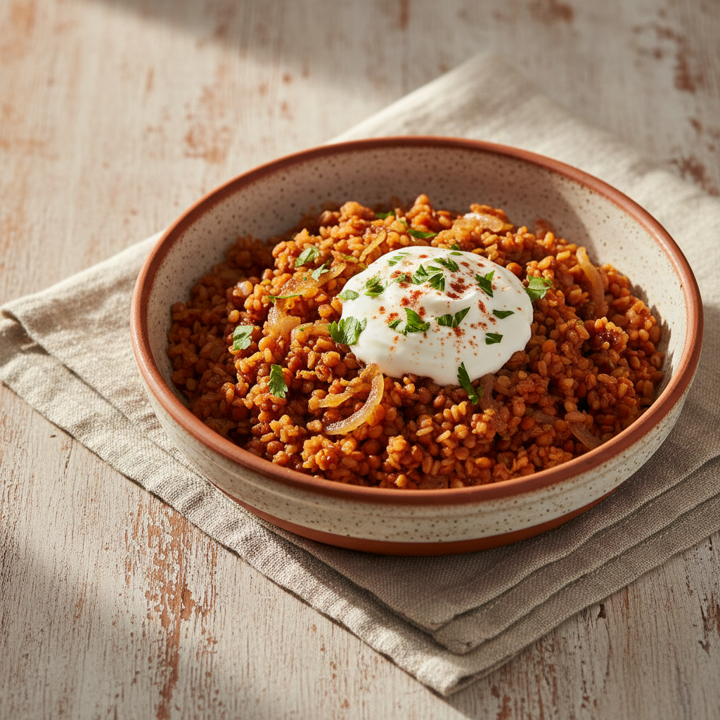 Ảnh món Bulgur đậu lăng hành cháy đỏ Mujaddara hamra