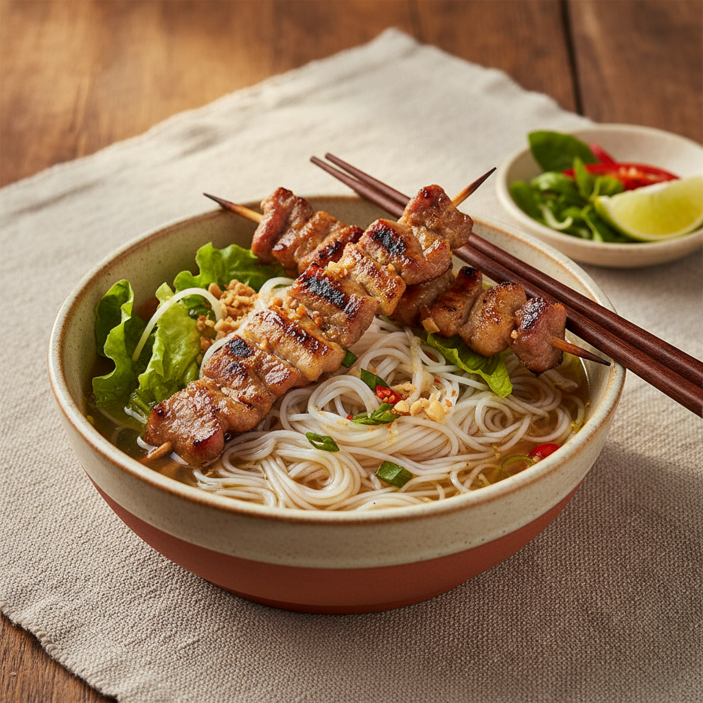 Ảnh món Bún thịt heo xiên sả nướng